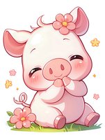 Adorable pink pig character with flowers and blushing cheeks sitting on grass, smiling with paw near mouth. Kawaii style illustration on white background.