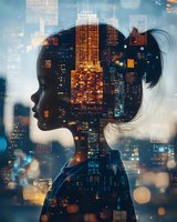 Double exposure silhouette of young Asian woman combined with illuminated night cityscape showing glowing skyscrapers and urban lights creating dreamy atmosphere.