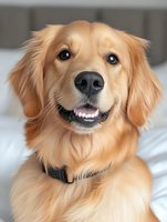 Smiling Golden Retriever dog with friendly expression and soft fur looking at camera. Close-up portrait showing happy pet with gentle eyes and natural light.
