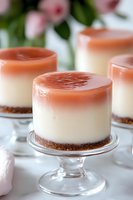 Mini cheesecakes with pink jelly topping on glass pedestals, featuring creamy vanilla filling and cookie crust base, styled with soft floral background.