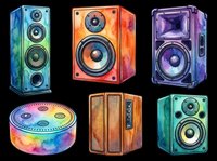 Colorful speaker collection featuring five isolated audio devices with vibrant gradient finishes in blue, orange, purple, rainbow, wood, and teal. Each speaker showcases different sizes and styles, perfect for music, entertainment, and audio-themed designs. Transparent background, ready for t-shirts, clipart, stickers, and print-on-demand projects.