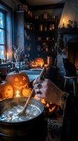 Witch stirring potion in cauldron surrounded by carved jack-o-lanterns, glowing candles, and mystical shelves filled with bottles in dark moody interior.