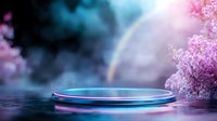 Glowing neon platform on water surface with cherry blossom branches and rainbow in dreamy blue atmosphere, product display stand for cosmetic presentation.