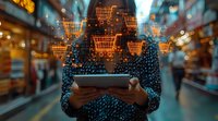 Person holding digital tablet with augmented reality shopping cart icons floating above, blurred urban background with bokeh lights and retail environment.