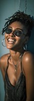 Happy young African American woman with dreadlocks wearing sunglasses and hoop earrings smiling joyfully in urban setting for lifestyle and fashion content.