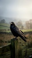 Black crow perched on wooden fence post in misty countryside landscape with rolling hills and bare trees in soft morning light.