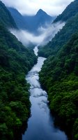 Misty mountain valley with winding river flowing through dense forest landscape. Dramatic fog shrouds distant peaks while lush green vegetation covers steep slopes.
