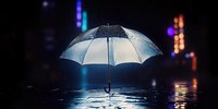Glowing umbrella illuminated at night on wet street with bokeh city lights in background, creating magical atmospheric scene with reflections on rainy pavement.