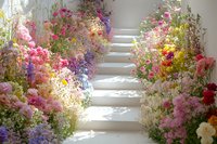 Dreamy white staircase lined with vibrant wildflowers and garden blooms creating romantic pathway. Natural sunlight casts soft shadows on steps. Ethereal garden setting.