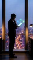Businessman in formal suit holding laptop with glowing digital icons, standing by high-rise window overlooking illuminated cityscape at dusk, representing technology, innovation, and business solutions.