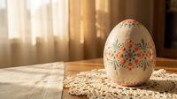 Hand-painted Easter egg with colorful floral patterns sits on lace doily in warm sunlight streaming through window creating festive spring holiday atmosphere.