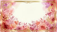 Ornate floral frame with pink and coral roses, decorative gold borders, and botanical elements on cream background. Suitable for wedding invitations, greeting cards, and design projects.