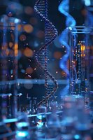 Futuristic DNA helix structure visualization with glowing blue bokeh effects, perfect for genetics research, biotechnology, and medical science presentations or publications.