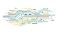 Digital marketing concept with circuit board design featuring colorful lines, charts, and business icons on white background for presentations.