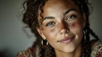 Young mixed-race woman with curly hair and freckles smiling warmly at camera in natural light portrait for lifestyle and beauty content.