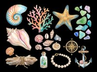 Watercolor ocean clipart set with shells, starfish, coral, anchor, compass, sea glass, and pearl bracelet, isolated on transparent background for stickers, T-shirts, print on demand.