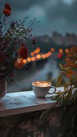 Cappuccino with latte art on windowsill at dusk, surrounded by flowers and blurred city lights creating magical evening atmosphere with warm bokeh effect.
