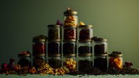 Glass jars filled with various dried herbs, spices, and tea leaves arranged in pyramid formation against dark green background with scattered ingredients.