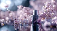 Luxury perfume bottle reflected on mirror surface with blooming cherry blossoms creating romantic spring atmosphere. Soft bokeh background adds dreamy effect.