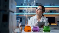 Female scientist in white lab coat analyzing DNA data with colorful chemical solutions in modern laboratory setting for research and biotechnology.