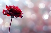 Red rose with water drops against soft bokeh background, romantic mood captured in minimalist style. Delicate petals glisten with morning dew creating dreamy atmosphere.