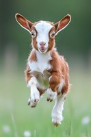 Playful brown and white baby goat kid jumping and frolicking in spring meadow with green blurred background, showing joyful expression and energy in motion.