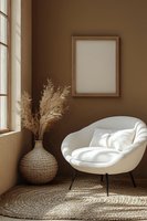 Minimalist interior with white modern armchair, empty wooden frame, woven vase with pampas grass near window. Natural sunlight creates shadow patterns on brown wall.