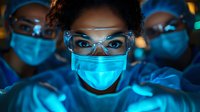 Medical professionals in protective masks and safety goggles illuminated by intense blue light during night shift or emergency procedure in hospital setting.