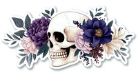 Side view of skull adorned with purple and blue flowers, pink peonies and green foliage arrangement on white background, gothic floral design isolated for creative projects.
