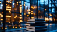 Stack of books on windowsill against blurred urban night cityscape with glowing lights creating cozy atmosphere for reading or studying.