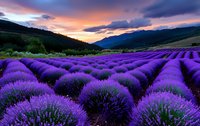 Stunning lavender field rows at sunset with dramatic purple sky and mountain landscape. Agricultural countryside scenery for aromatherapy and wellness concepts.