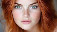 Young woman with natural red hair, freckles and bright blue eyes in soft focus portrait against blurred background. Gentle makeup and serene expression.