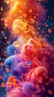 Vibrant abstract liquid art with floating bubbles in orange and purple colors creating dreamy underwater atmosphere with swirling fluid shapes and glowing orbs.