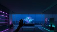 Futuristic smart home interior with holographic interface projection and neon lighting in modern living room at night for technology concepts.