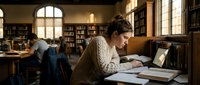 Young woman student studying with laptop and books in historic university library with wooden shelves and warm natural lighting from arched windows.