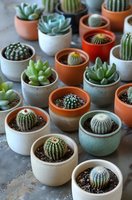 Collection of small potted succulents and cacti in colorful ceramic containers arranged on concrete surface, perfect for home decor and indoor gardening.
