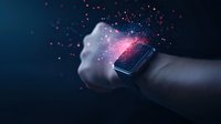 Smartwatch on wrist emitting glowing pink particles against dark background, showcasing futuristic wearable technology and digital transformation concept.