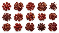 Dried red chili peppers and sliced varieties arranged in circular clusters on white background, suitable for food packaging, culinary blogs, recipe websites, and spice product marketing.