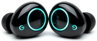 Pair of black wireless earbuds with glowing cyan accents and touch controls, isolated on white background for tech product design and marketing use.
