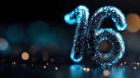 Glowing blue number 16 with sparkle effect on dark background with bokeh lights, creating magical anniversary or celebration atmosphere.