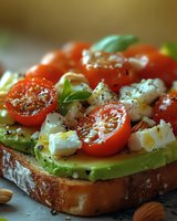 Fresh avocado toast topped with cherry tomatoes, crumbled feta cheese, herbs and seasonings on rustic bread, close-up view with selective focus.