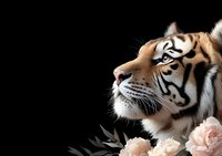 Majestic tiger profile with delicate pink roses on black background, dramatic lighting highlights facial features and stripes, creating artistic wildlife portrait.