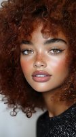 Young African American woman with natural curly red hair, freckles, and glowing skin wearing subtle makeup and eyeliner. Close-up beauty portrait on light background.