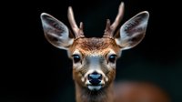 Young male deer with small antlers and large ears against dark background, close-up portrait showing detailed facial features and expressive eyes.