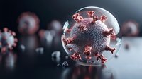 Microscopic view of virus cell structure in glass sphere against dark background, showing detailed spikes and molecular surface features in red and gray tones.