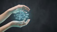 Hands holding glowing digital circuit board and technology network icons, representing innovation, data protection, and smart system management for tech concepts.