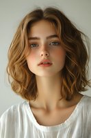 Young Caucasian woman with wavy brown shoulder-length hair and blue eyes wearing white blouse poses against light background in natural makeup look.