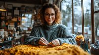 Young Caucasian woman with curly hair and glasses knitting cozy yellow wool sweater in warm cafe atmosphere. Natural window lighting creates intimate mood.