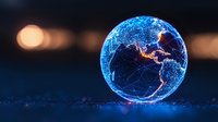 Glowing blue digital Earth globe with network connections floating on dark surface with bokeh lights, showing global connectivity and technology concept.