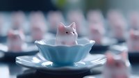 Adorable pink pig figurine sitting in elegant white porcelain teacup and saucer with soft bokeh background for whimsical home decor and gift concepts.